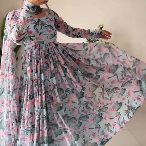 BEAUTIFUL GEORGETTE FLORAL PRINTED FULL FLAIRED GOWN SET WITH PANT AND DUPATTA - Picture 6 of 10
